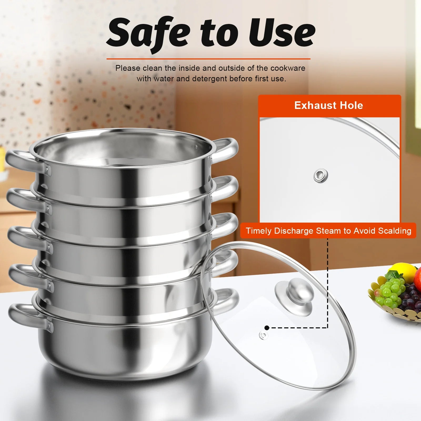5 Tier Steam Cooker. Stainless Steel. Silver W/Glass Lid.