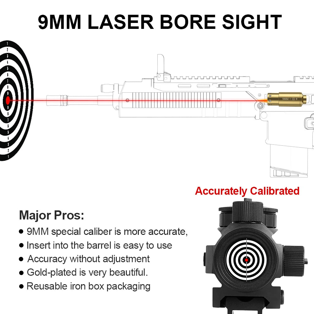 9MM Red Dot Laser Bore Sight. Brass . For Pistol Or Rifle Scope.