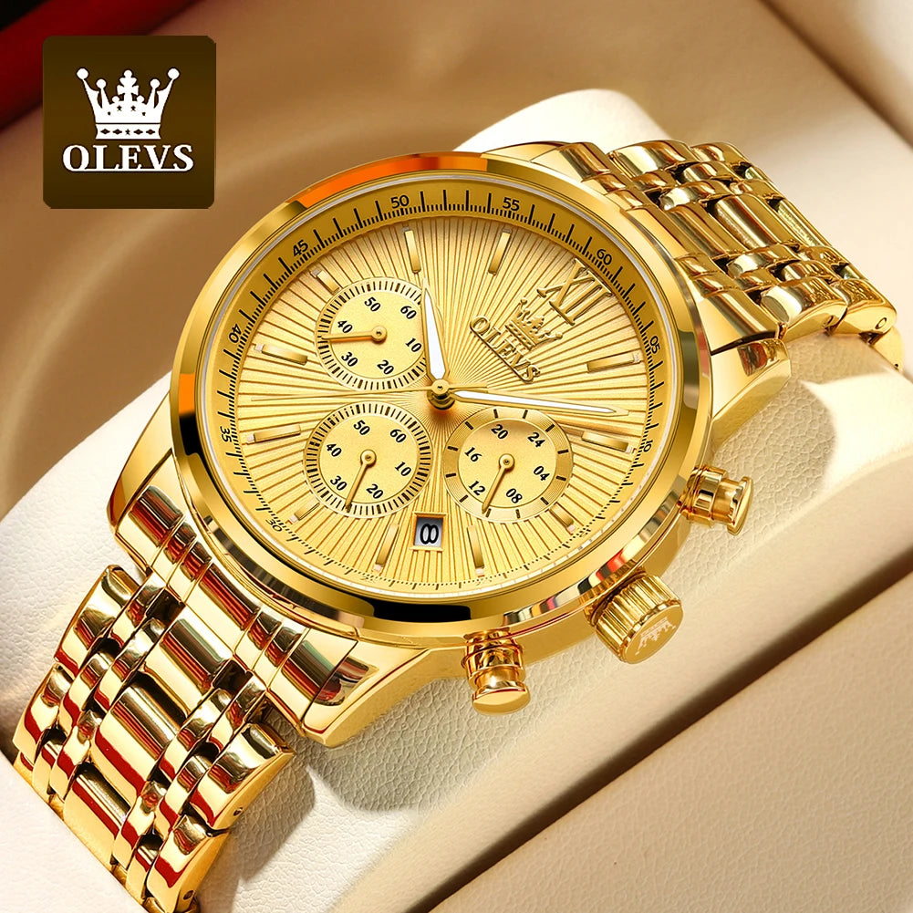 OLEVS Men's Luxury Gold Fashion Wristwatch. Stainless Steel - Waterproof - Luminous - Chronograph Date - 24 Hour Display.