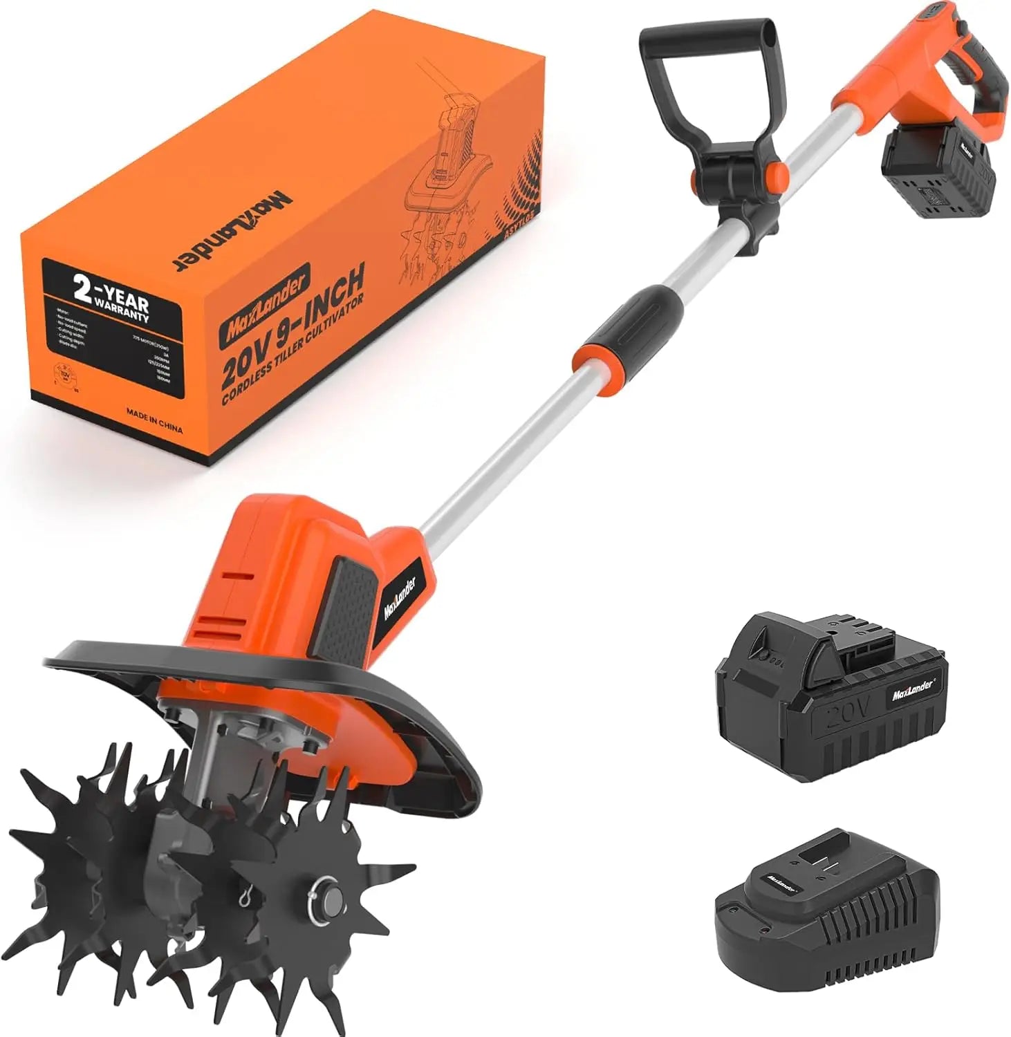 20V Cordless Tiller, 9-Inch with 48 Steel Tines, 360RPM Battery Powered.