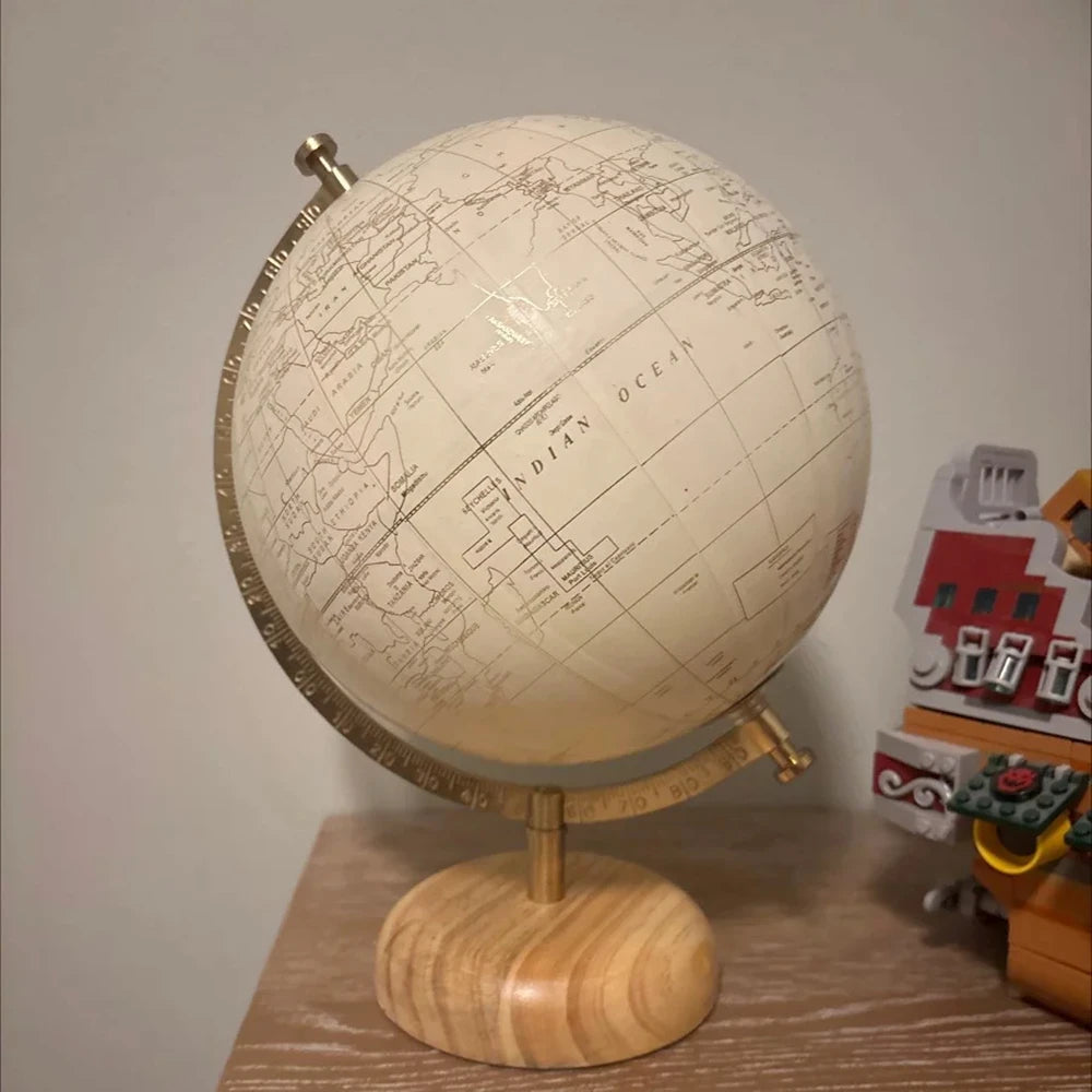 Rotating Antique World Globe With Metal Stand. Vintage Modern Decorative Earth Globe With Wooden Base For Desk Decor.