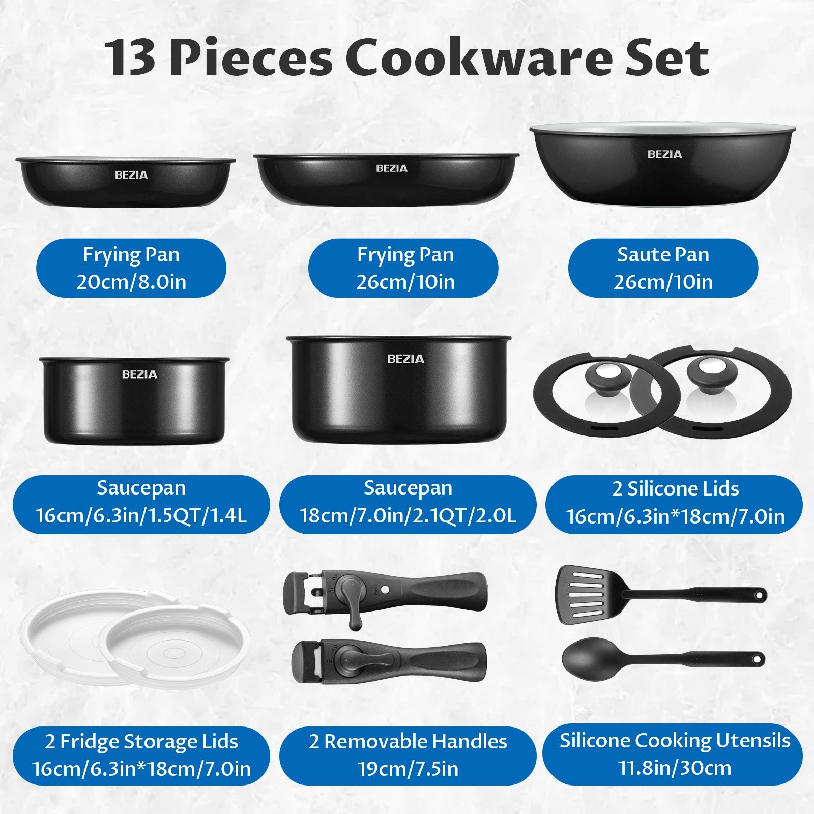 Induction Cookware With Ceramic Coating. Nonstick Set. 13pcs With Detachable Handles.