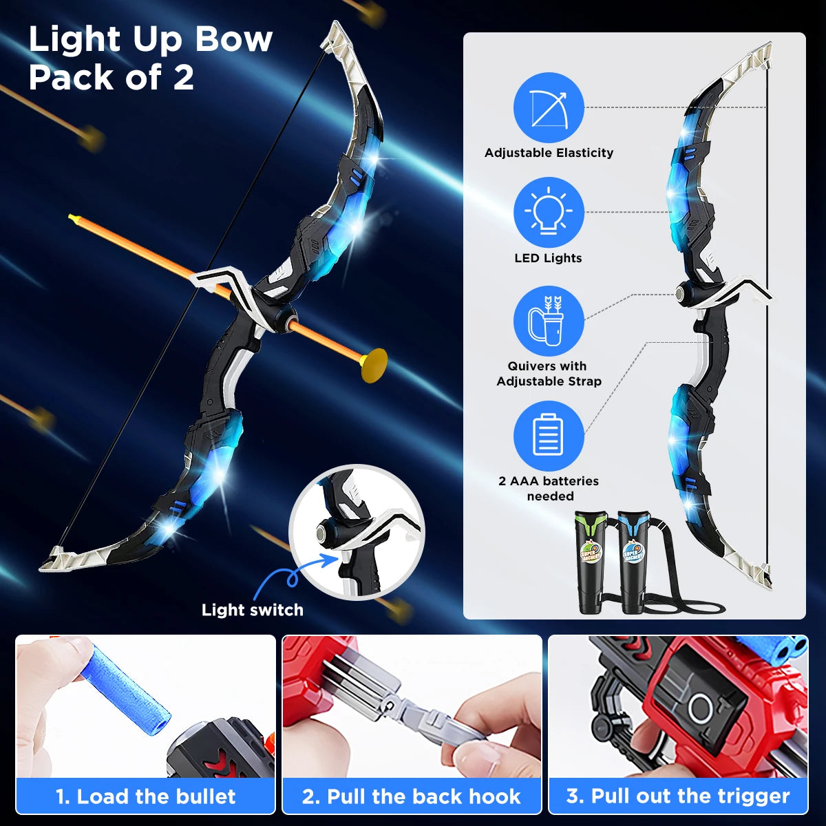 VATOS 2X Bow Arrow + Guns Toy. LED Light Up - Suction Cup Stand Target.
