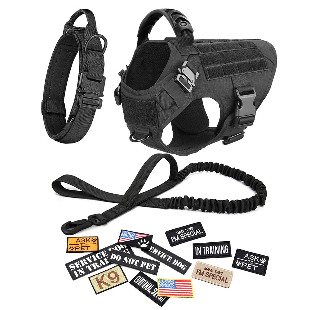 Dog Harness, Leash, Collar, Patches Set for Medium - Large Dogs. Adjustable Tactical Dog Harnesses.
