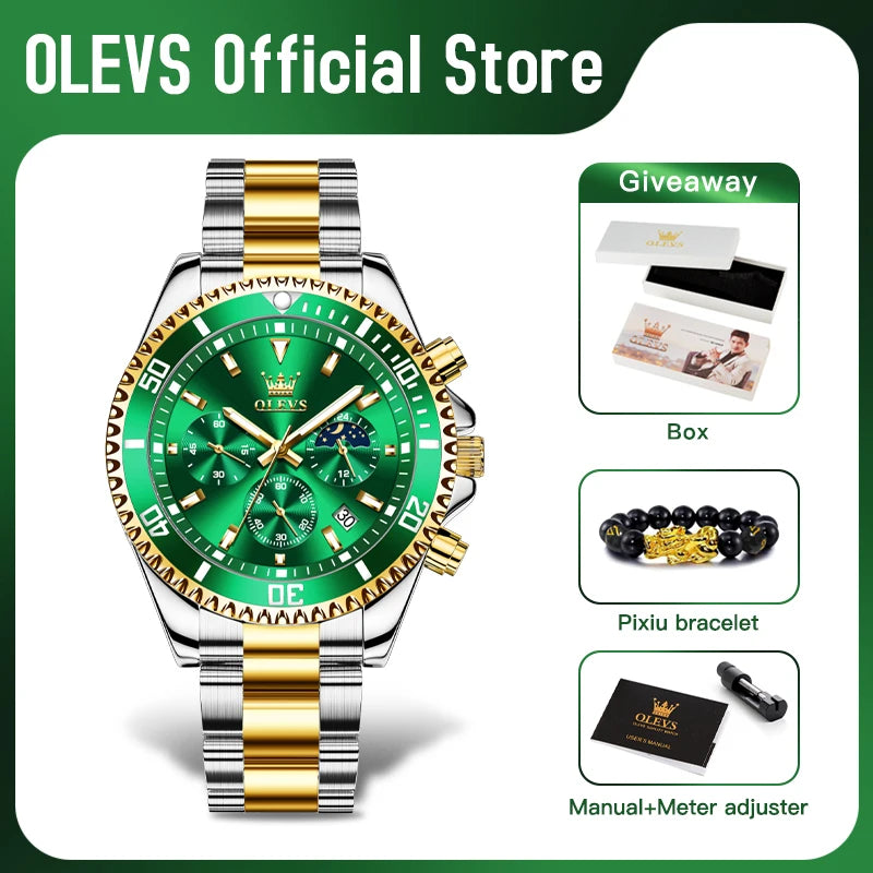 OLEVS Men's Top Brand Luxury Watch. Waterproof, Stainless Steel, Chronograph, Moon Phase, Date.