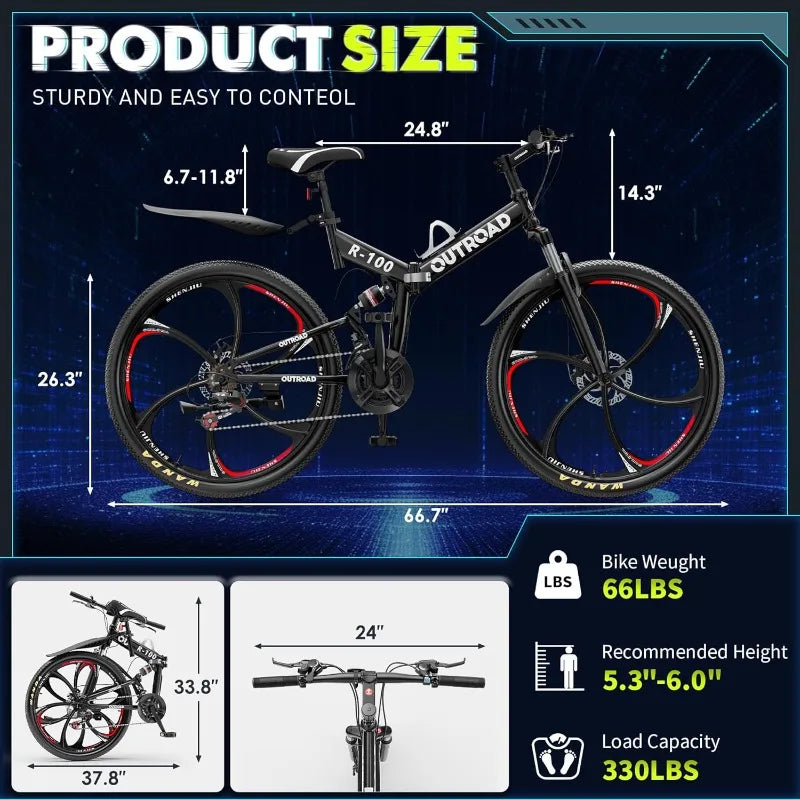 26 Inch Folding Mountain Bike, 21 Speed - Full Suspension - Dual Disc Brakes.