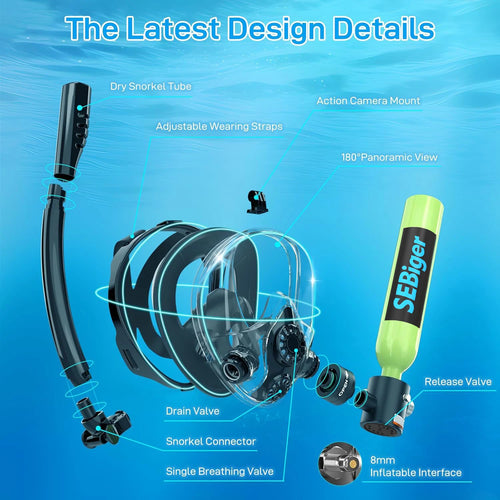 0.5L Diving Tank and Full Face Mask. 5-10 minutes underwater, Refillable.