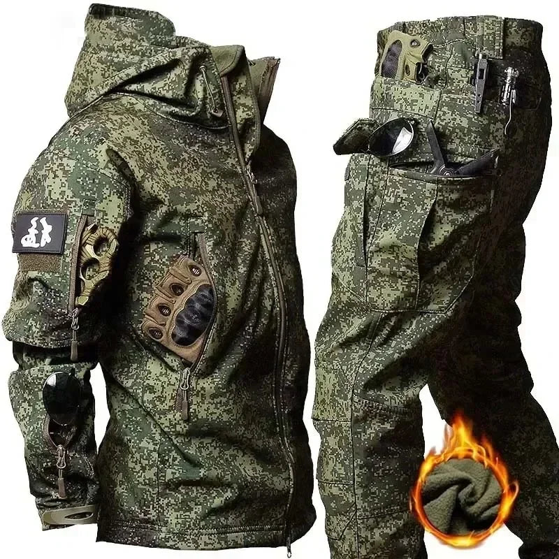 Tactical Waterproof Men's Camo Set. Soft Shell Fleece, Winter Suit, Windbreak. Multi Pocket.
