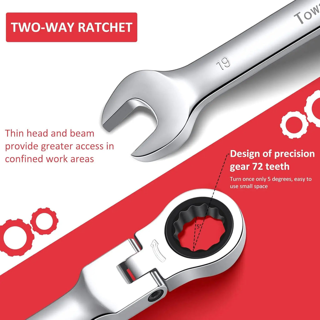 12-Piece Flex-Head Wrench Set, Ratcheting Combination Set, Metric 8-19mm, 72-Teeth,Cr-V Steel with Bag.