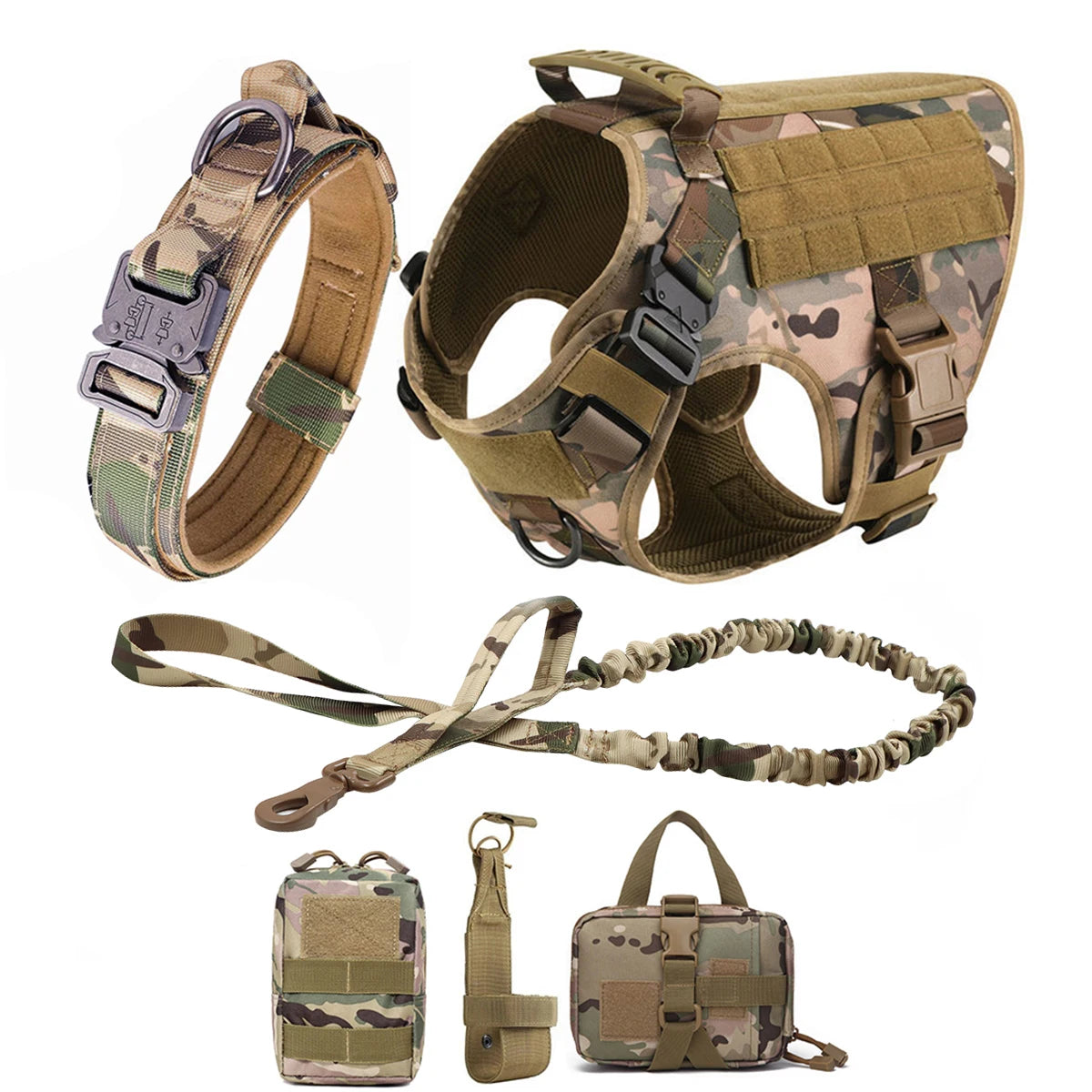 Tactical Dog Harness, Leash And Collar. Molle Pouches for Medium - Large Dogs. Adjustable Service Dog Harness.