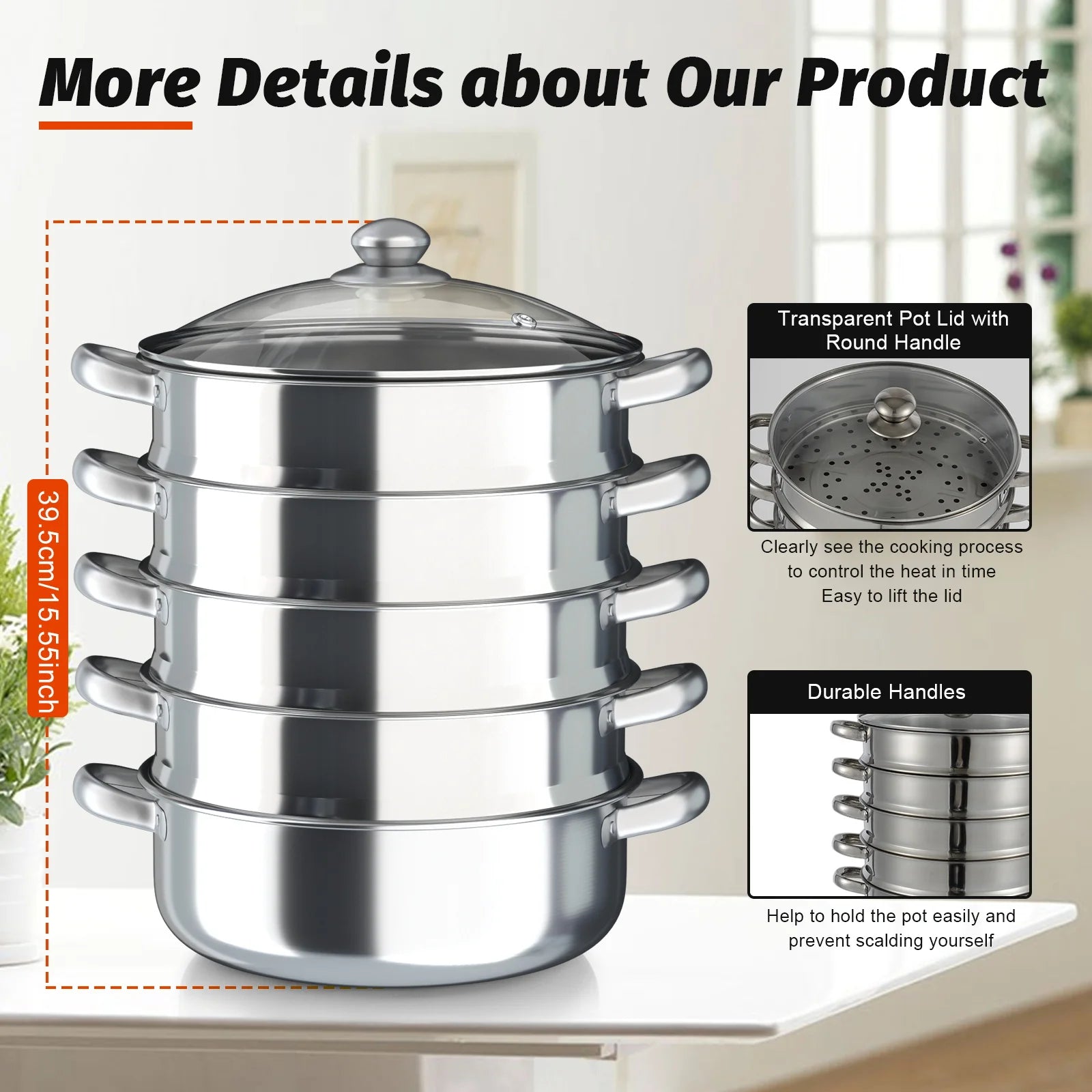 5 Tier Steam Cooker. Stainless Steel. Silver W/Glass Lid.