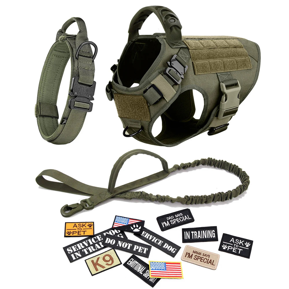 Dog Harness, Leash, Collar, Patches Set for Medium - Large Dogs. Adjustable Tactical Dog Harnesses.