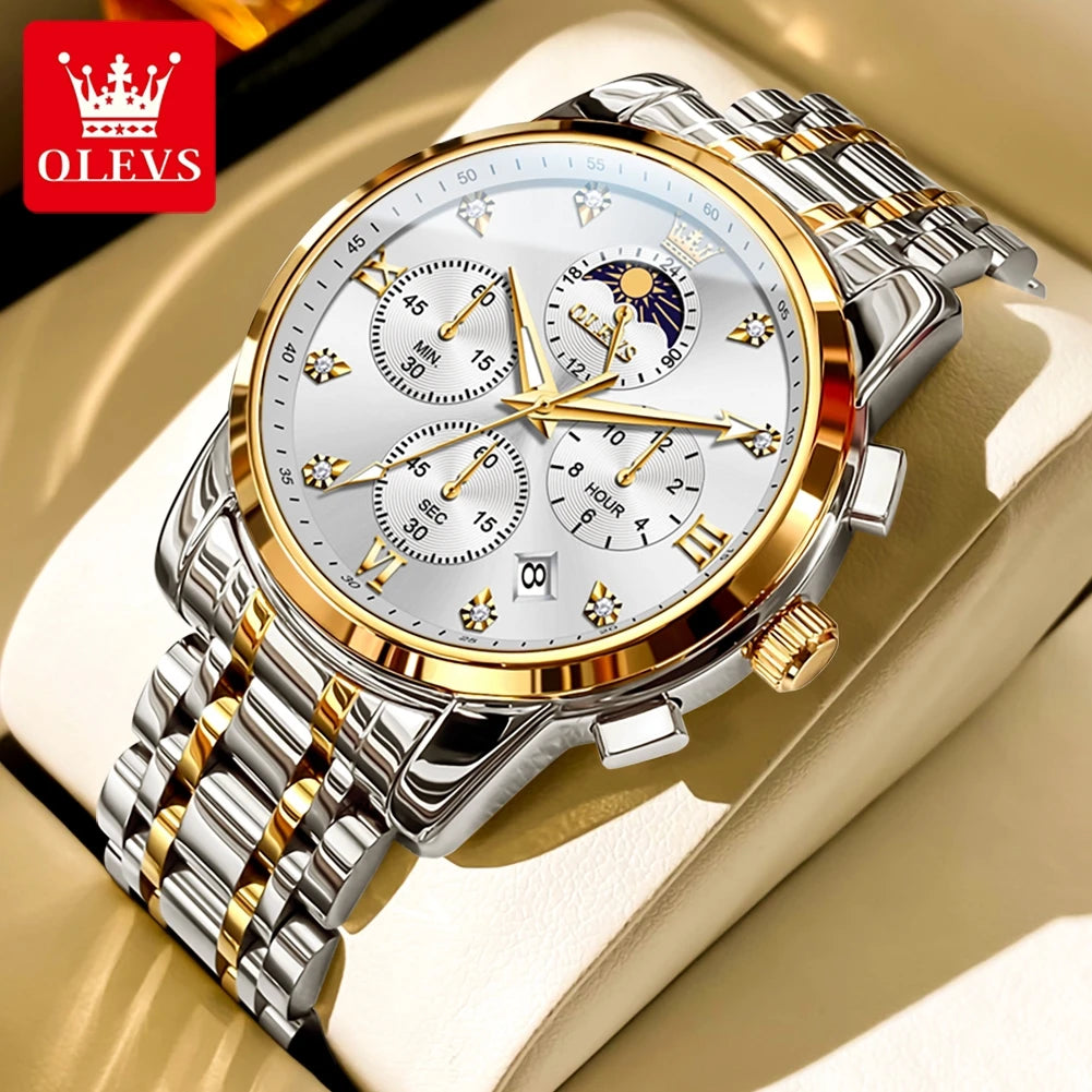 OLEVS Luxury Men's Watches. Moon Phase, Chronograph, Quartz, Gold Stainless Steel, Luminous.