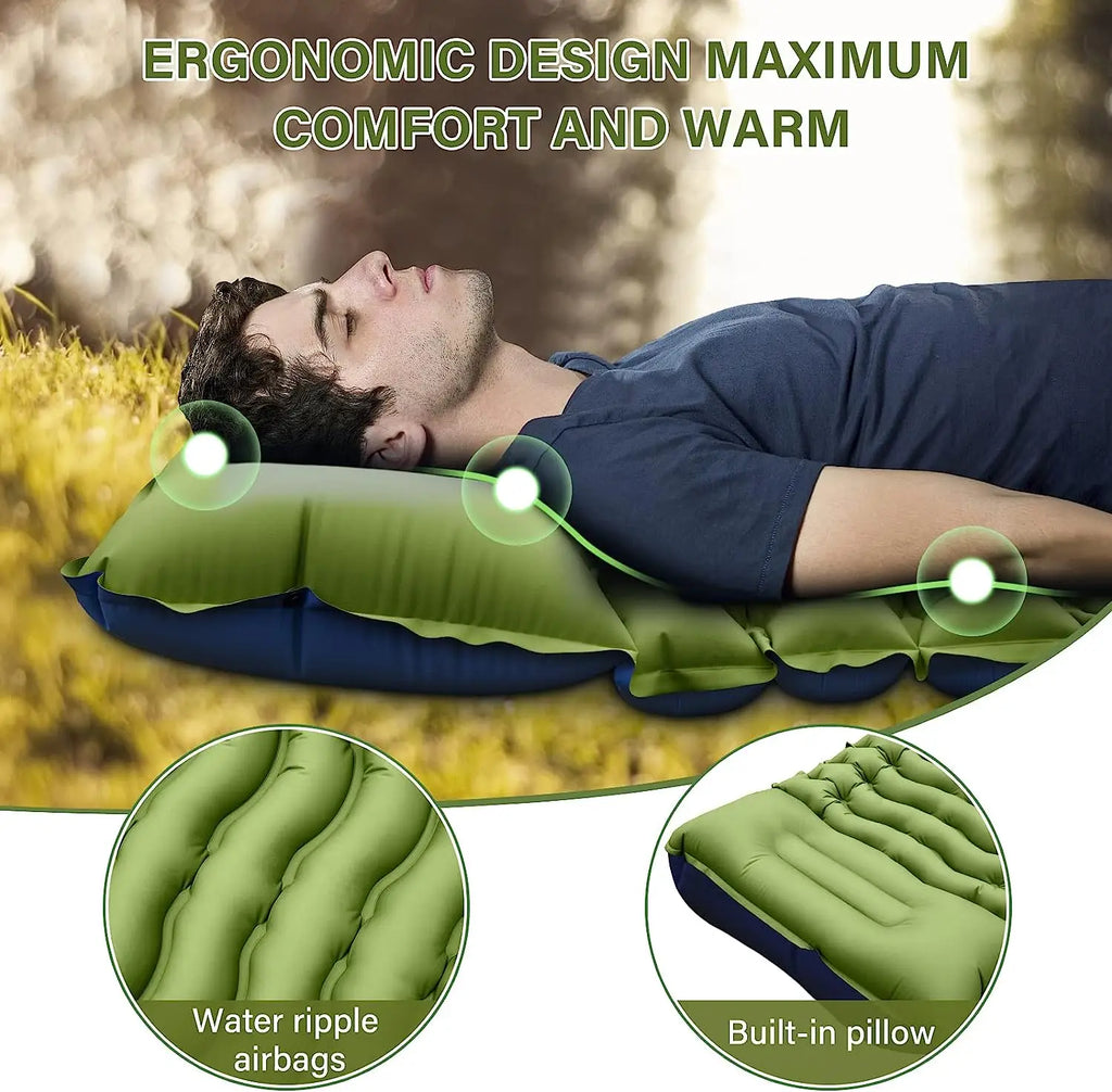 Super Thick 4-inch Inflatable Sleeping Mat, With built-in pillow and pump.
