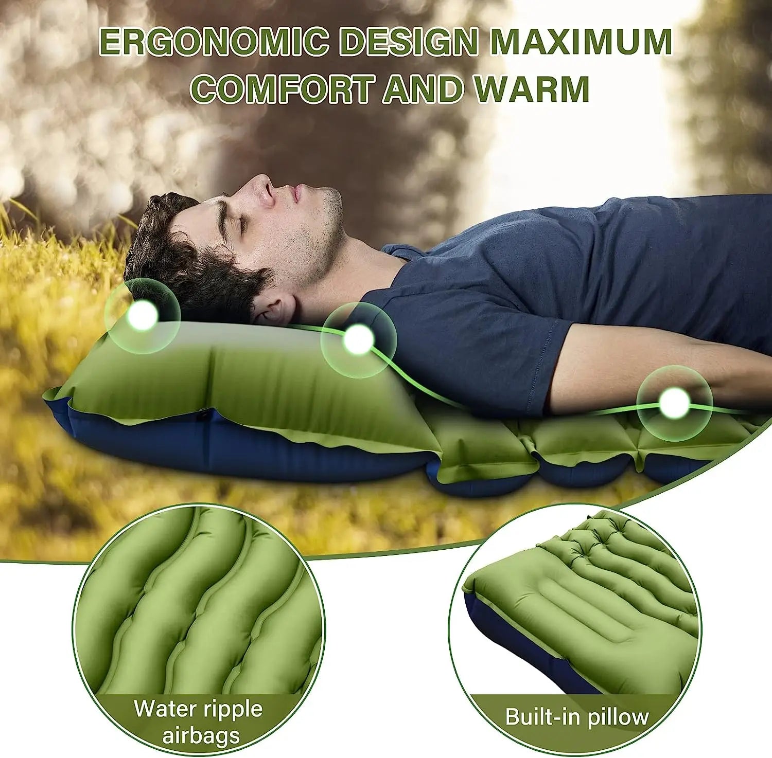 Super Thick 4-inch Inflatable Sleeping Mat, With built-in pillow and pump.