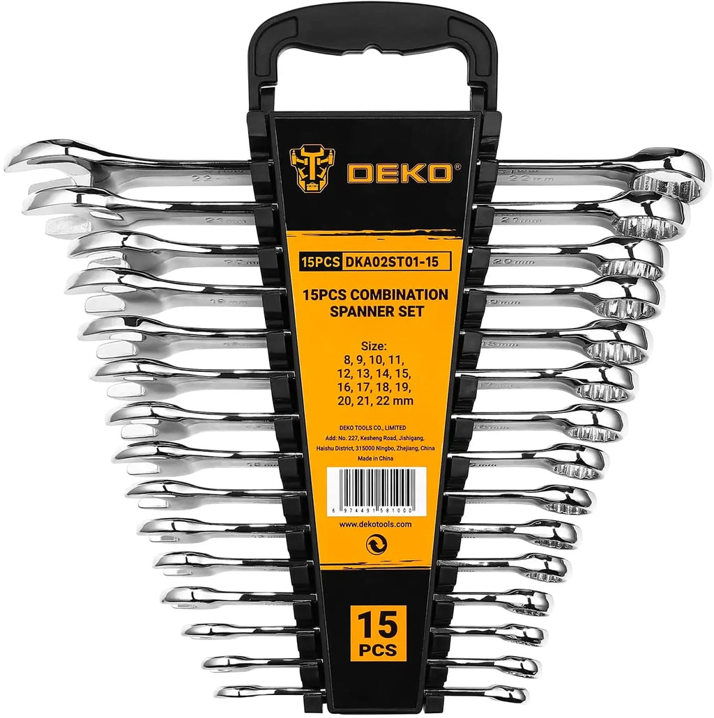 DEKOPRO Combination Wrench Set, SAE & Metric,  1/4'' to 1'' & 8-22mm, 12-Point, Chrome Vanadium Steel, with Plastic Tray.