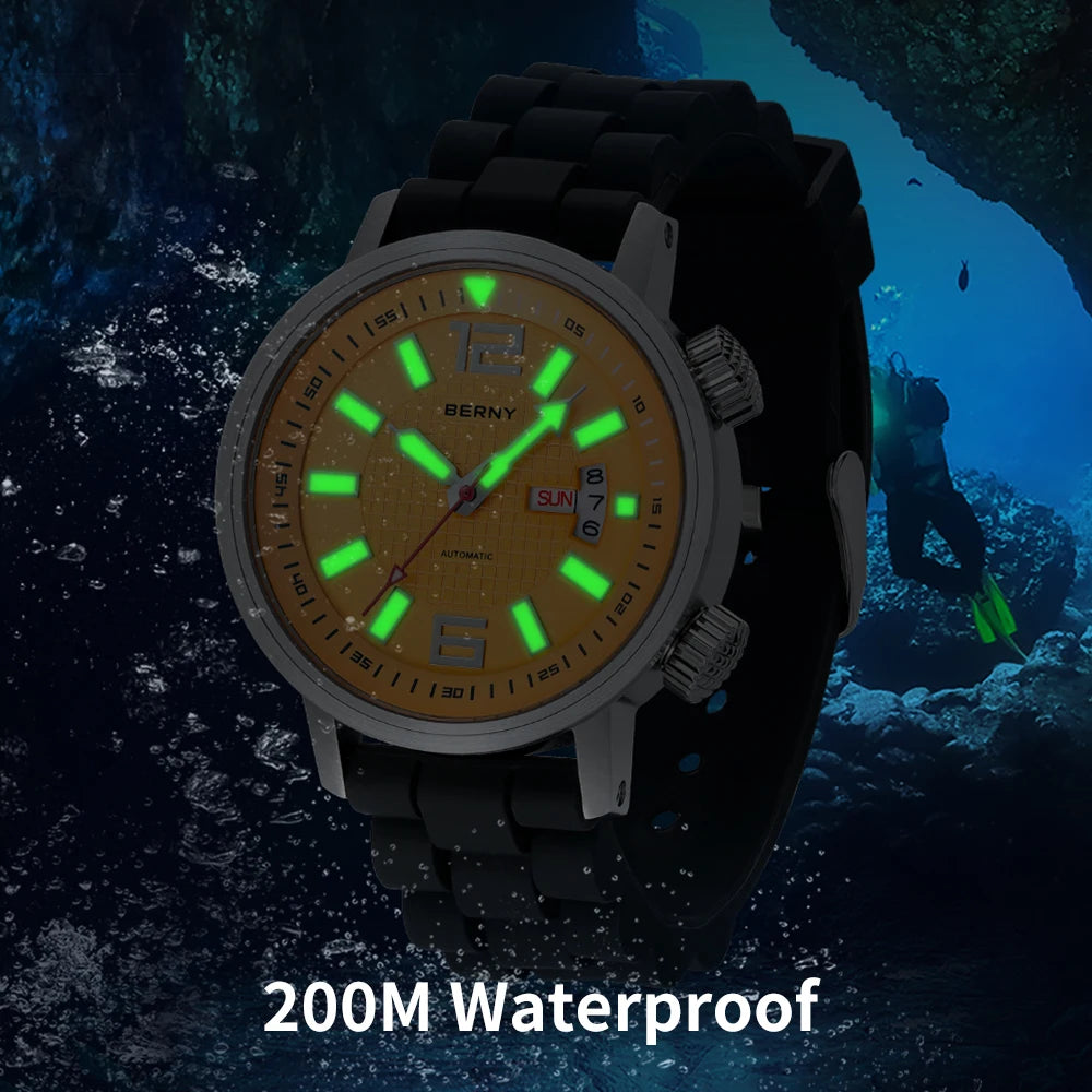BERNY 20ATM Diver, Automatic Mechanical Watch. Luminous, Waterproof, Self Winding.