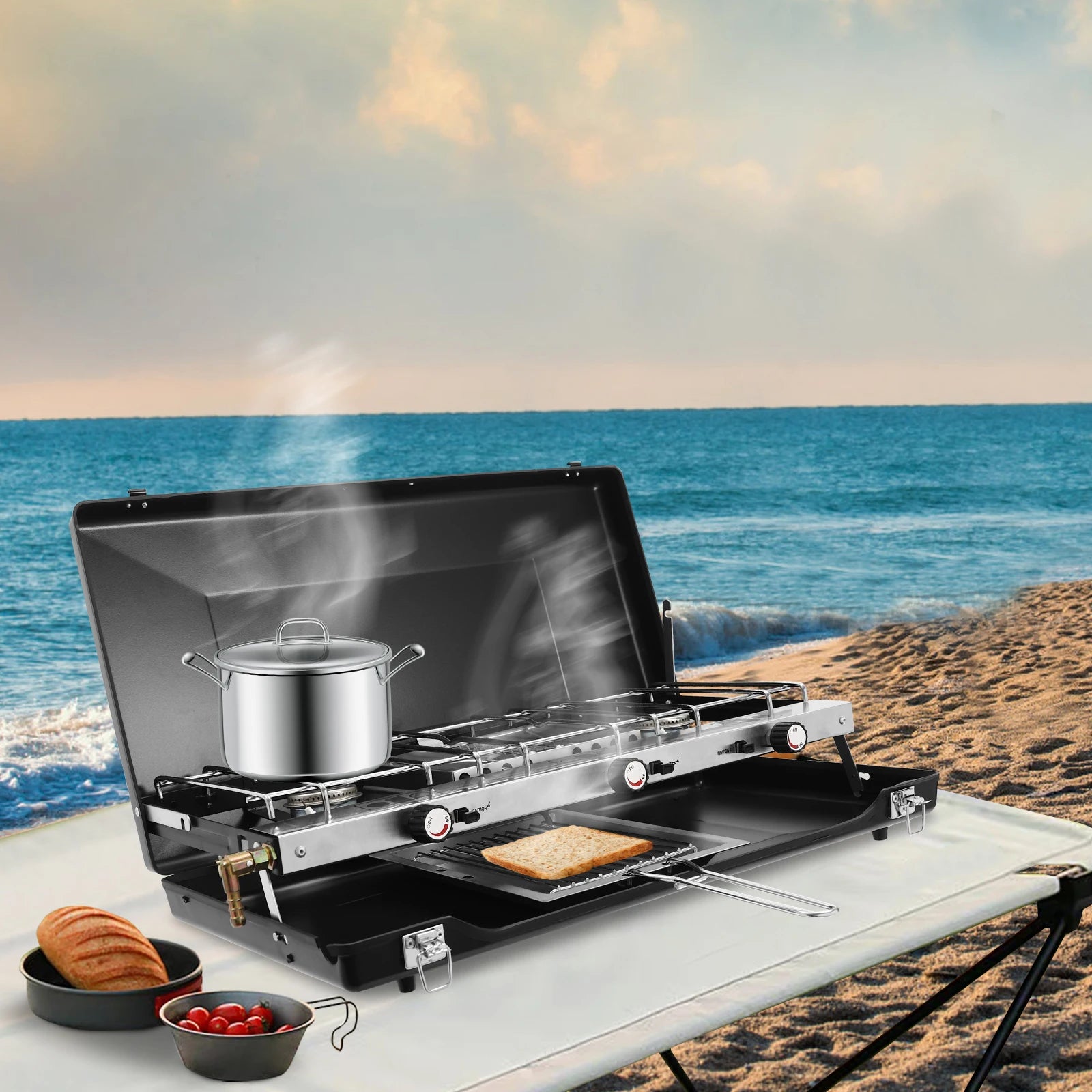 Portable Camping Stove with Griddle. 3 Burner, Propane Gas. Camping, Barbecues.