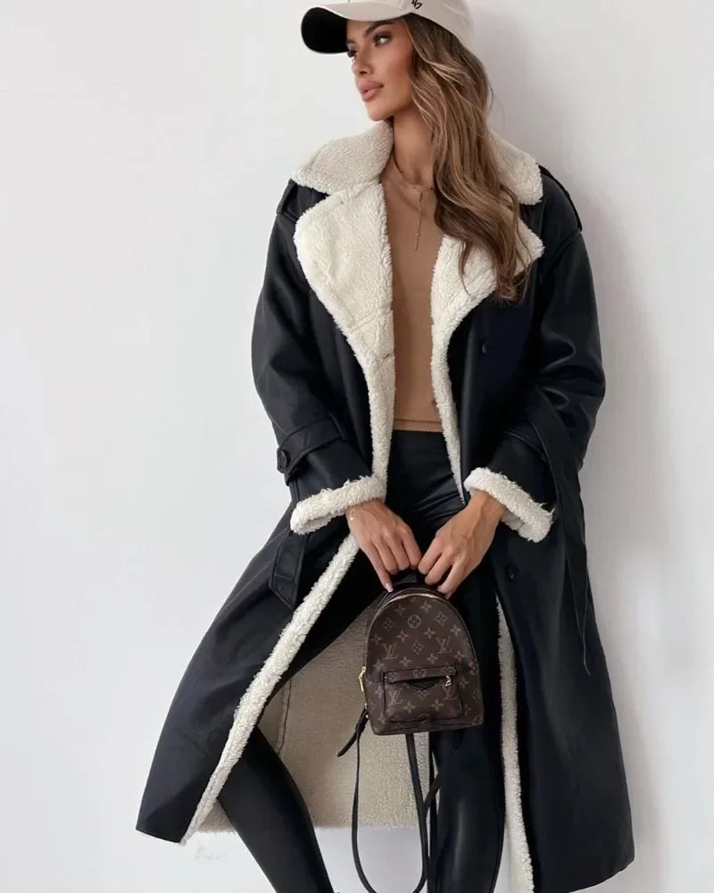 Women's Coat. Fashionable Faux Fur. Lapel Collar.