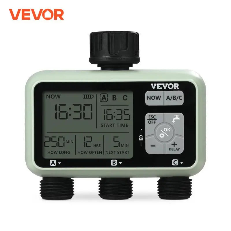 VEVOR Water Timer, 3 Hose Outlets, Independent Watering Zone, LCD Display, Rain Delay Mode, Manual Mode, Watering Sprinkler Timer.
