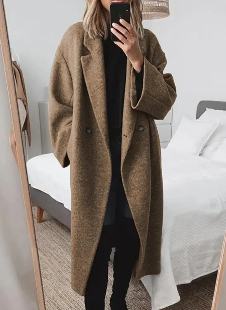 Women's Winter Double Breasted Faux Wool Coat. Notch Lapel.