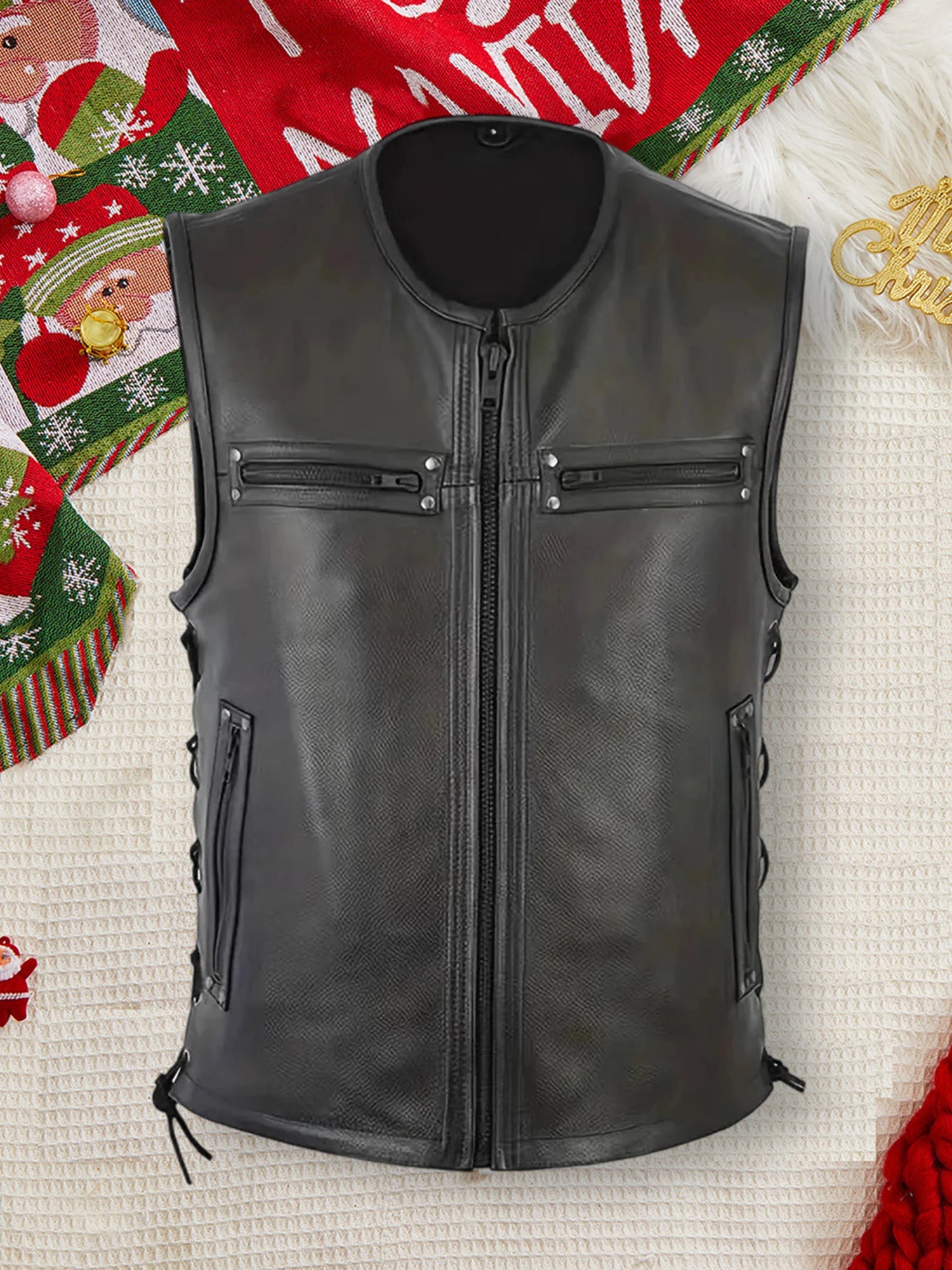 Stylish Men s Biker Vest, Genuine Leather With Multiple Pockets And Zipper Closure.