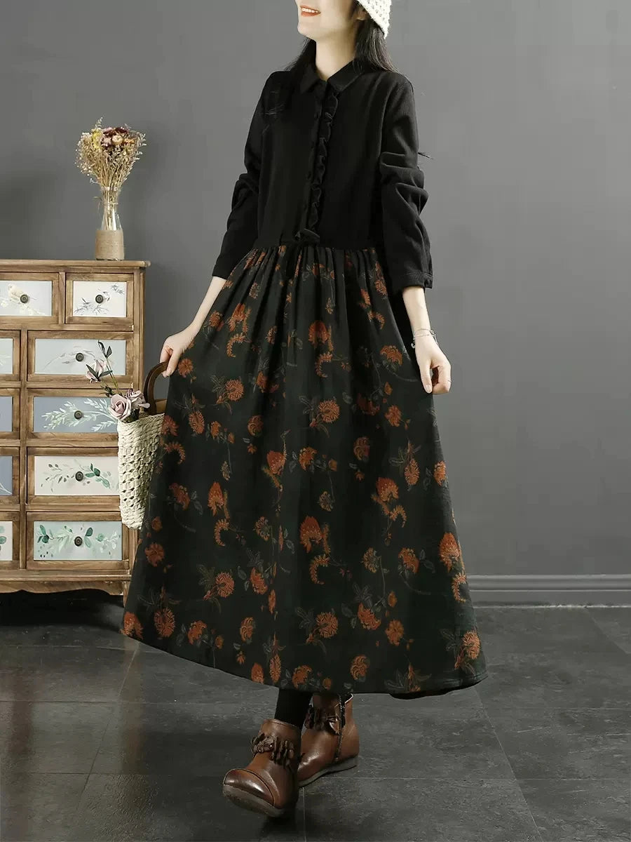 Retro Floral Patchwork Turn-down Collar Long Dr Women's Autumn New Sle Wooden  Sensation Belted A-line Skirt Dr