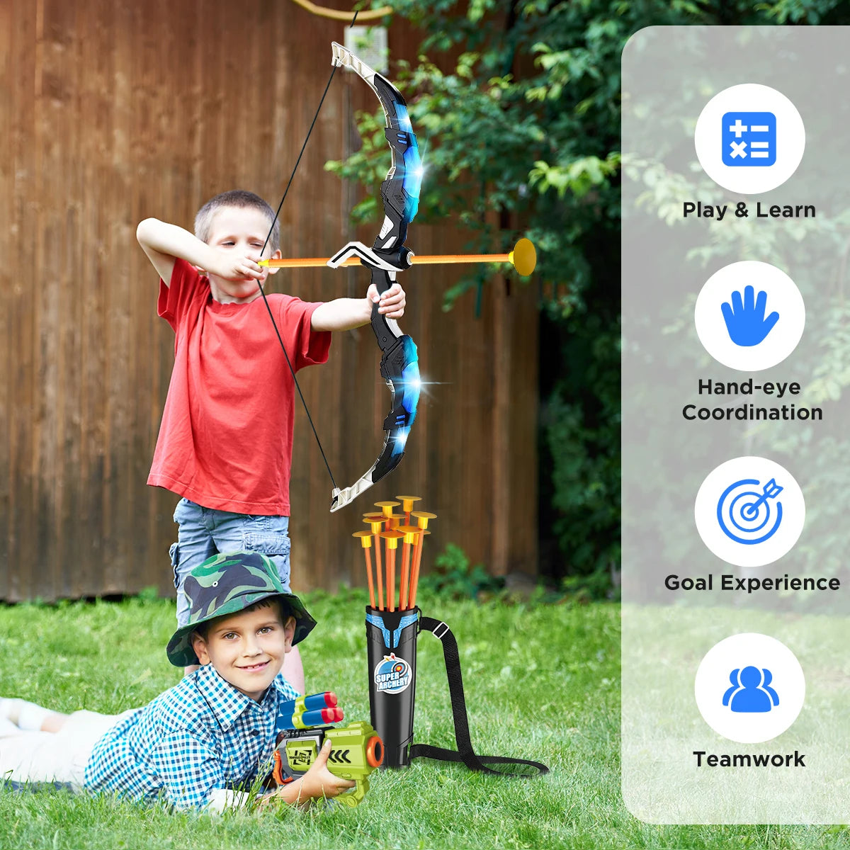 VATOS 2X Bow Arrow + Guns Toy. LED Light Up - Suction Cup Stand Target.