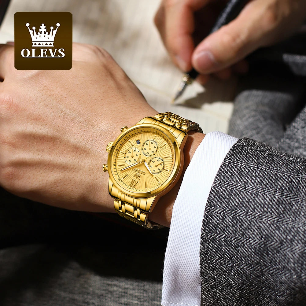 OLEVS Men's Luxury Gold Fashion Wristwatch. Stainless Steel - Waterproof - Luminous - Chronograph Date - 24 Hour Display.
