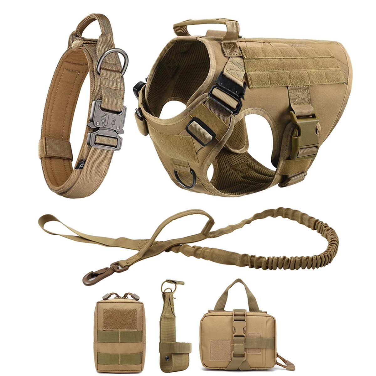 Tactical Dog Harness, Leash And Collar. Molle Pouches for Medium - Large Dogs. Adjustable Service Dog Harness.